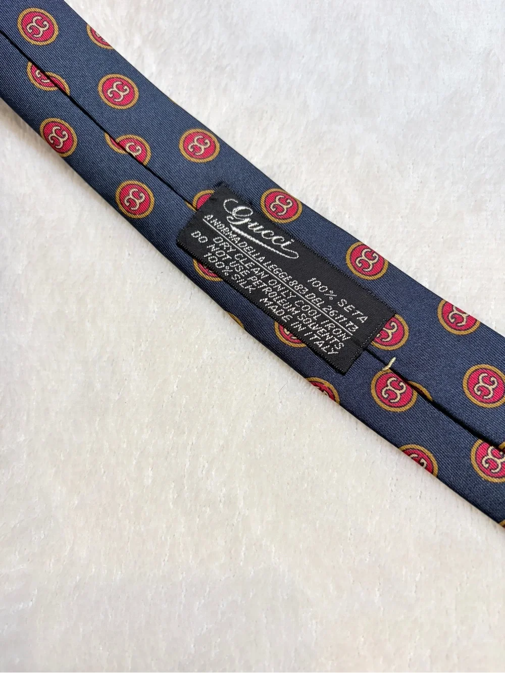 Vintage Gucci Navy Silk Tie with Red and Gold Medallion Pattern